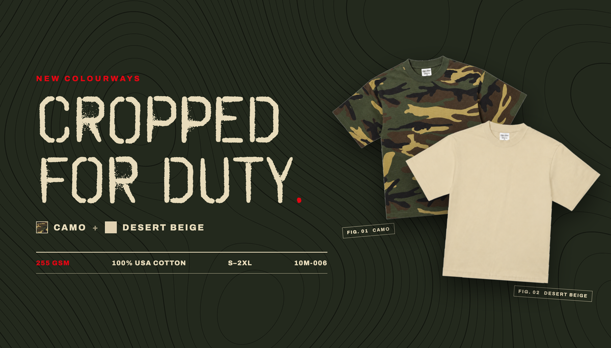 Cropped for duty. New colourways: Camo and Desert Beige. The Shaka Wear Max Heavyweight Cropped Tee, 255 GSM, 100% USA cotton, sizes S to 2XL, style 10M-006.